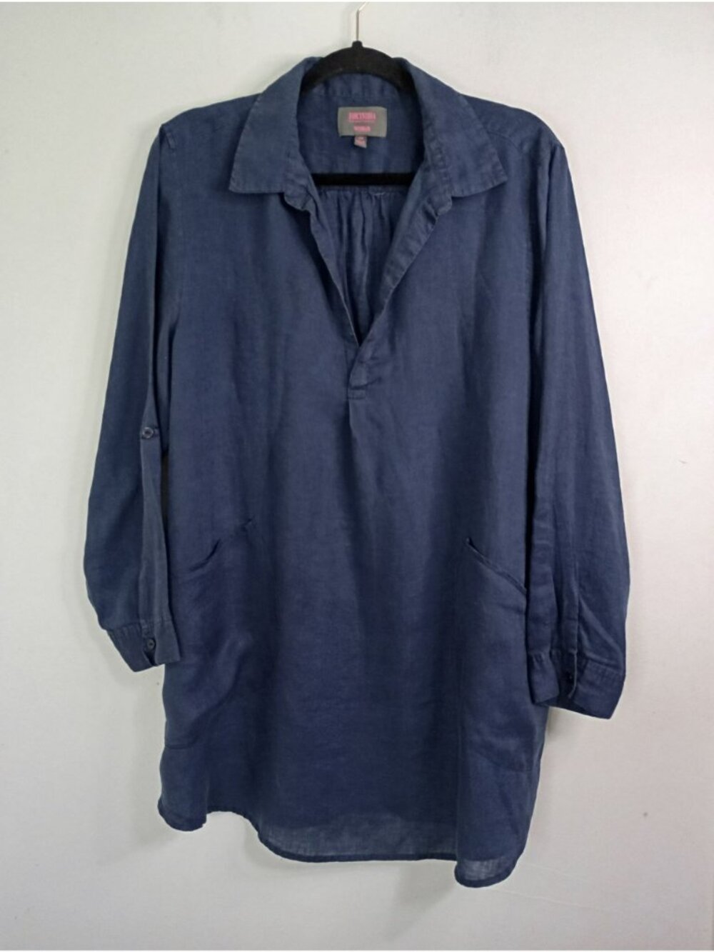 Forcynthia 2X Blue Linen Tunic Top Pockets Roll-Tab Sleeves 100% Linen